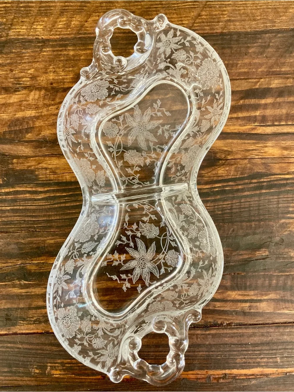 Clear Glass Wildflower Etched Glass Relish Dish Cottage Core 2 Section